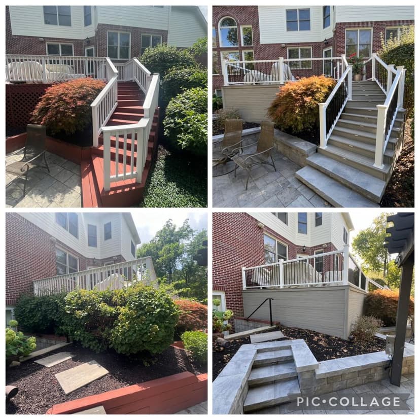 Before and after images of a home’s outdoor renovation showcasing stairs and landscaping improvements.